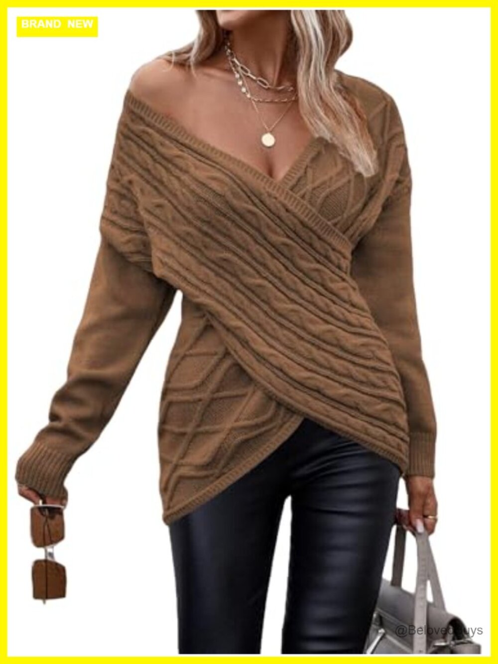 Women's Off Shoulder Criss Cross Cable Knit Pullover Sweater